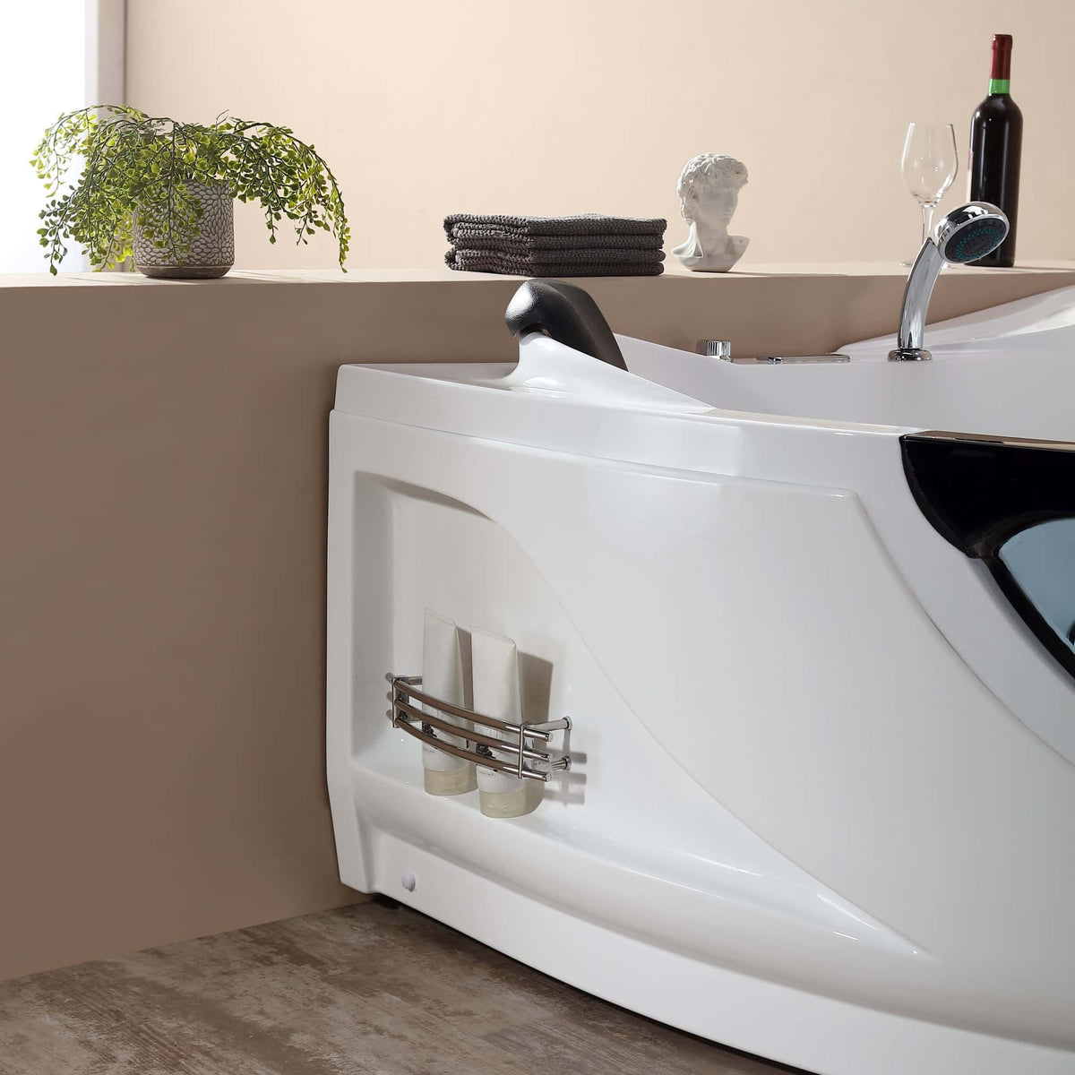 White corner whirlpool bathtub side view with chrome jets and built-in metal rack