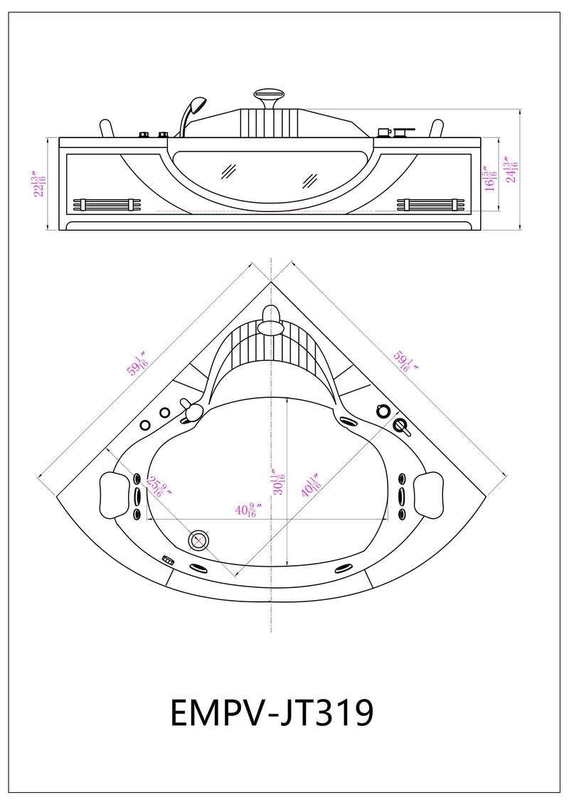 Empava Whirlpool Bathtub with 11 Jets,59 Spa Tub with Light,Hydromassage  with Chromatherapy,Acrylic,3-Side Apron,White