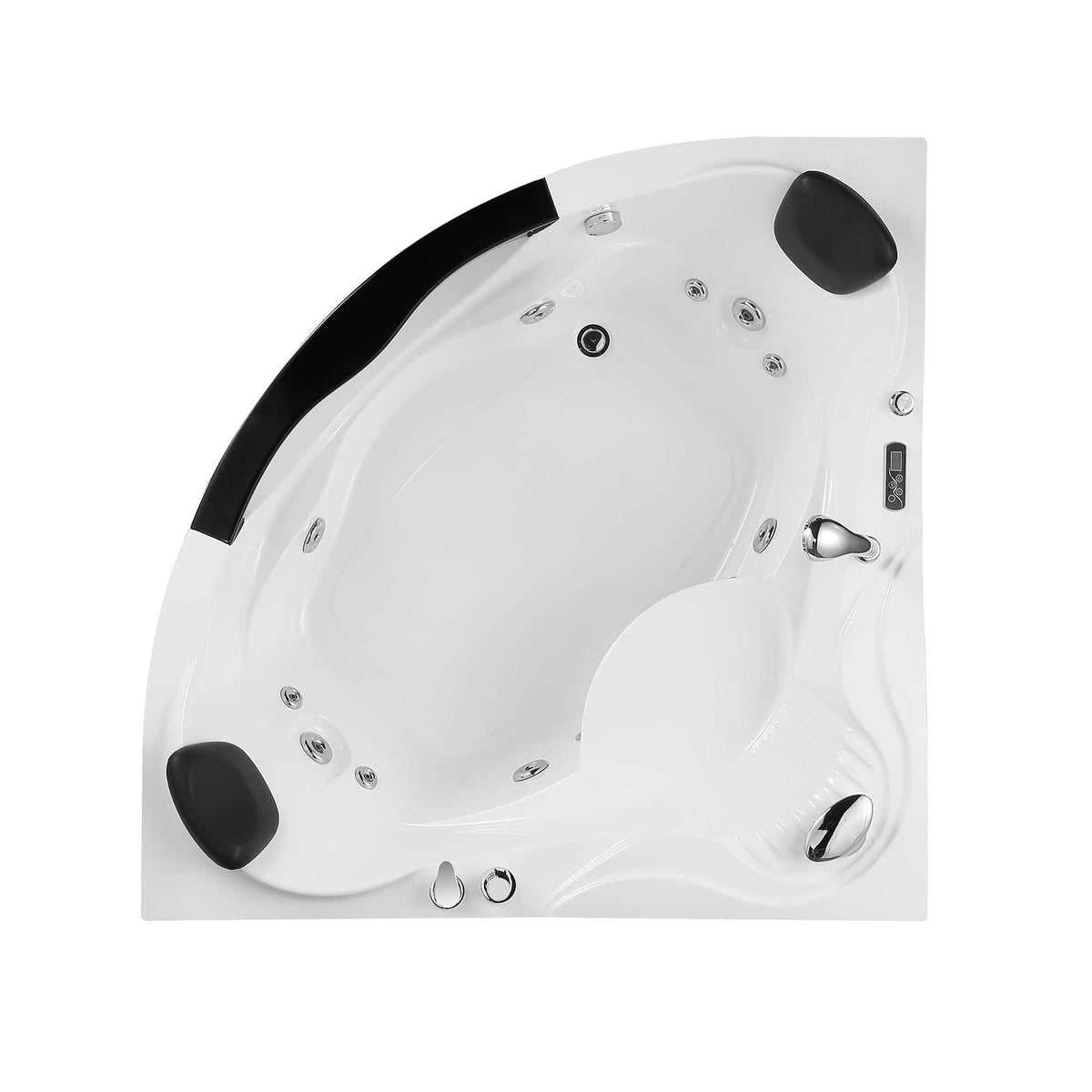 White corner whirlpool bathtub shell with jet nozzles, drain, and control panel