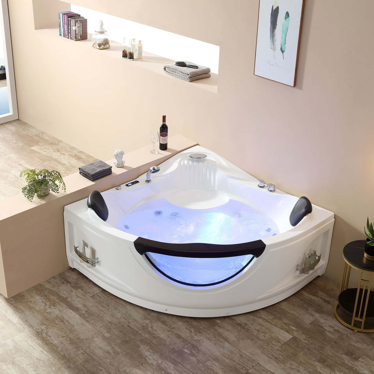 White corner whirlpool bathtub with black headrests and blue LED light strip