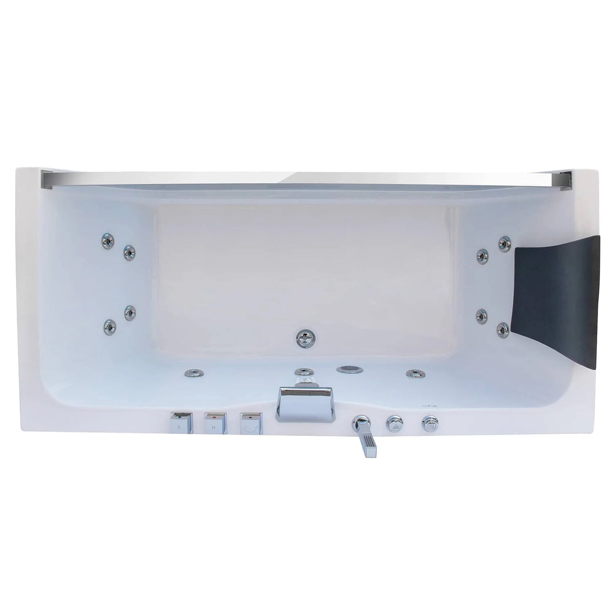 Top view of rectangular whirlpool bathtub showing jet layout and control switches