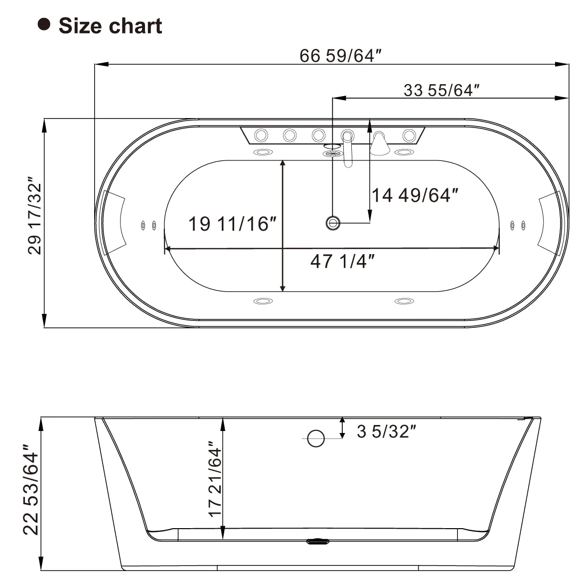 Bathtub size diagram with overall and interior measurements labeled in inches.