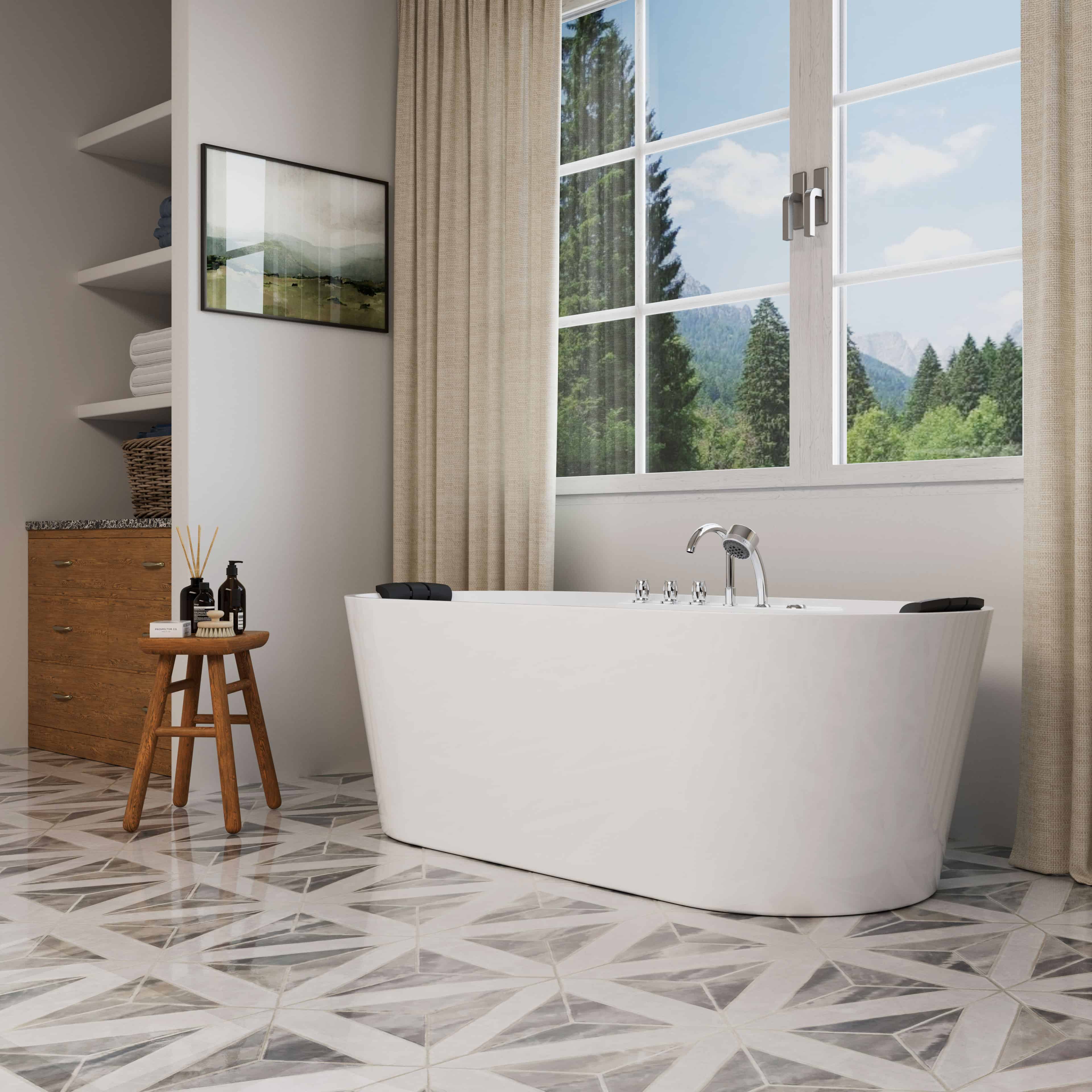 White freestanding acrylic whirlpool bathtub with chrome faucet and visible tub rim.