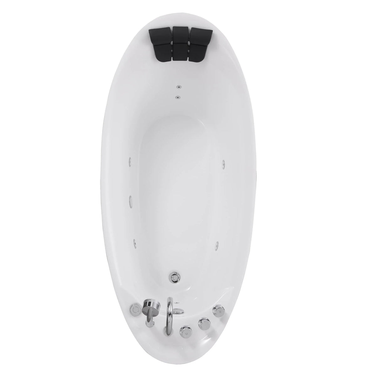 Rear view of white acrylic whirlpool bathtub with headrest and drain/controls