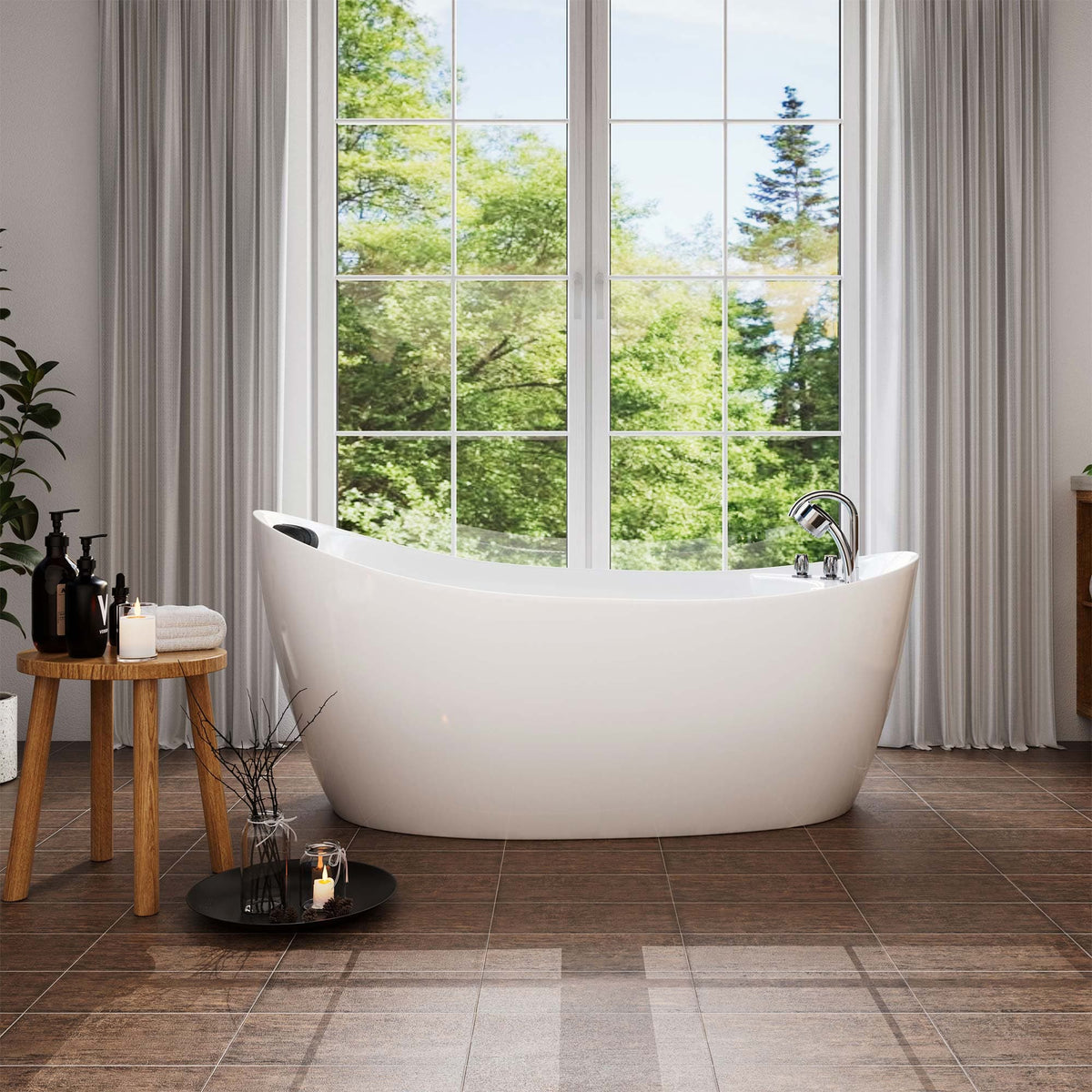 Freestanding white acrylic whirlpool bathtub with chrome faucet and overflow trim