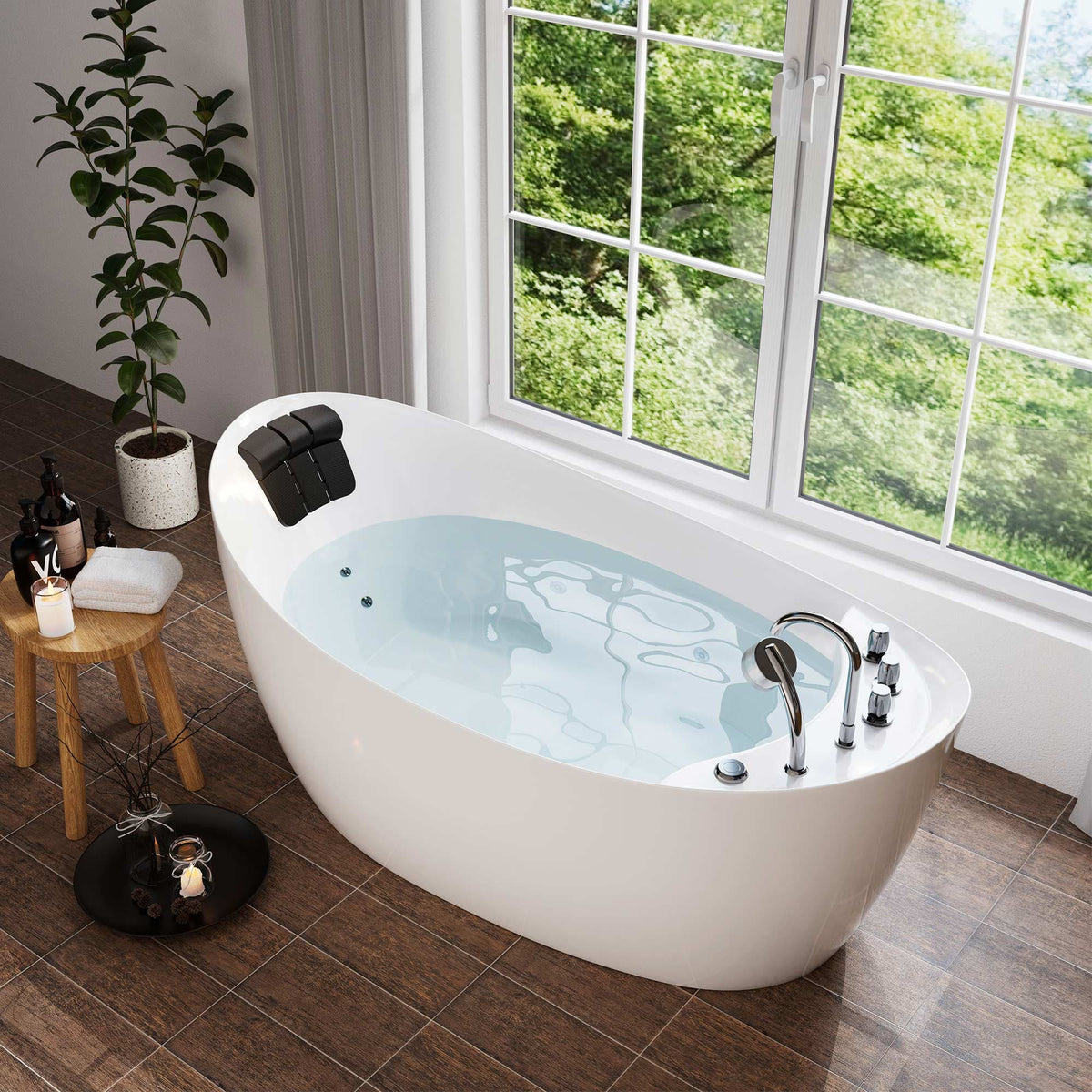 Corner view of white acrylic whirlpool bathtub with black headrest and chrome controls