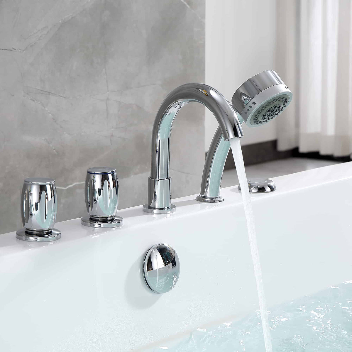 Chrome bathtub faucet with water stream over white acrylic tub surface