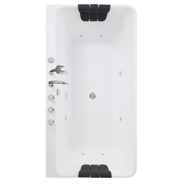 White acrylic whirlpool bathtub back view with jet and control openings