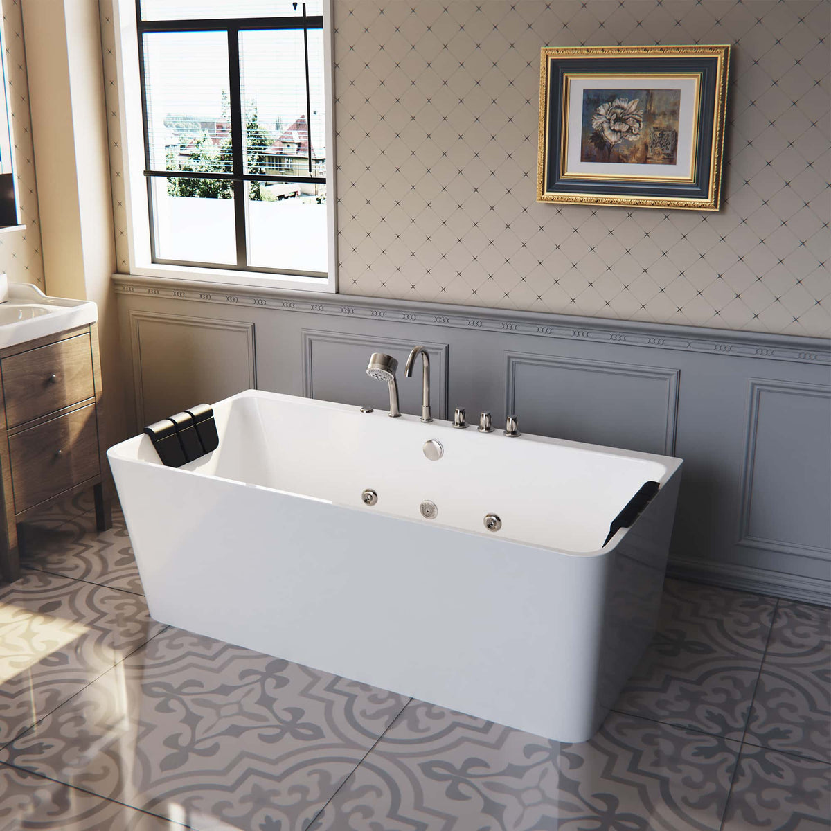 White freestanding acrylic whirlpool bathtub with chrome controls and side jets