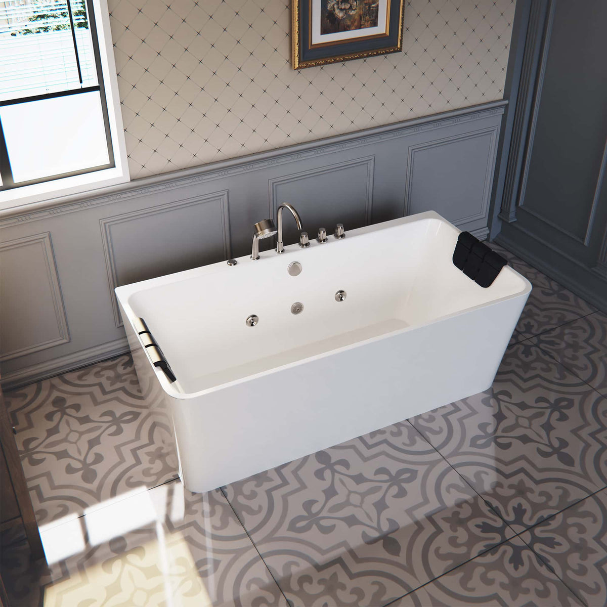 White acrylic whirlpool bathtub with chrome faucet and control panel along the rim