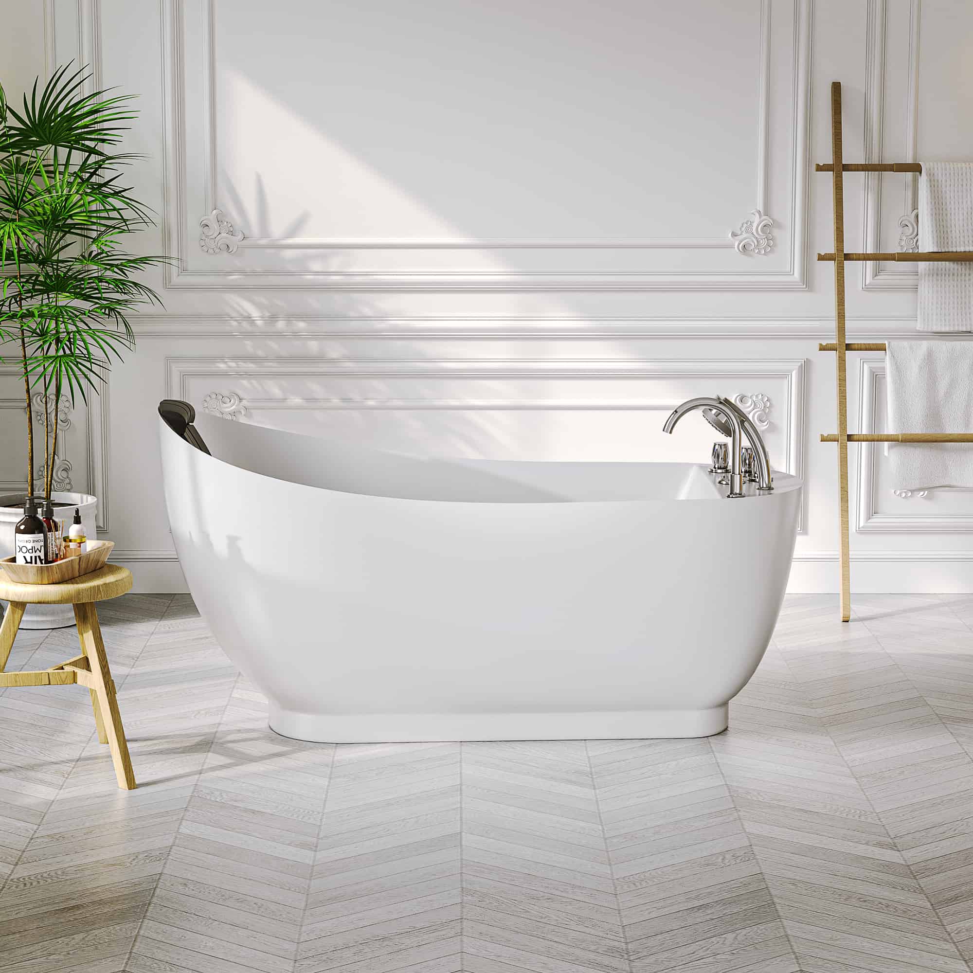 Freestanding acrylic bathtub with white exterior and chrome faucet, front view.