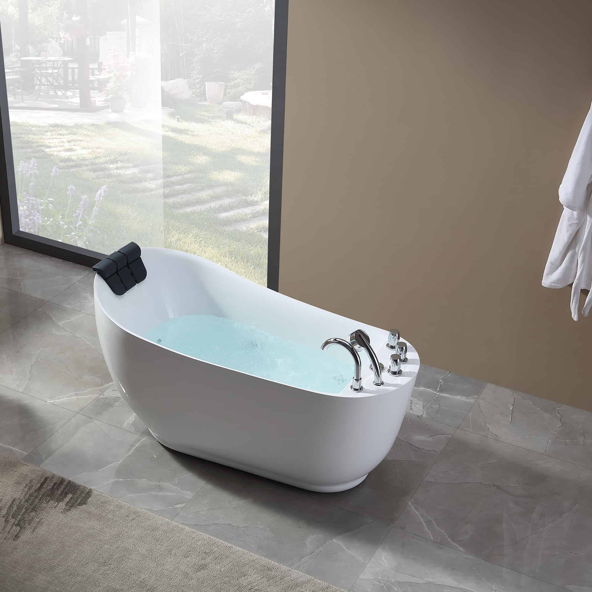 Freestanding acrylic bathtub with white exterior and chrome spout, angled view.