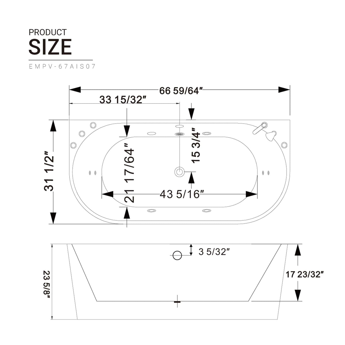 Bathtub size diagram with EMPV-67AIS07 dimensions and layout