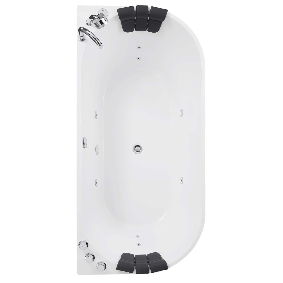 White acrylic bathtub interior with chrome drain and black adjustable headrest pads