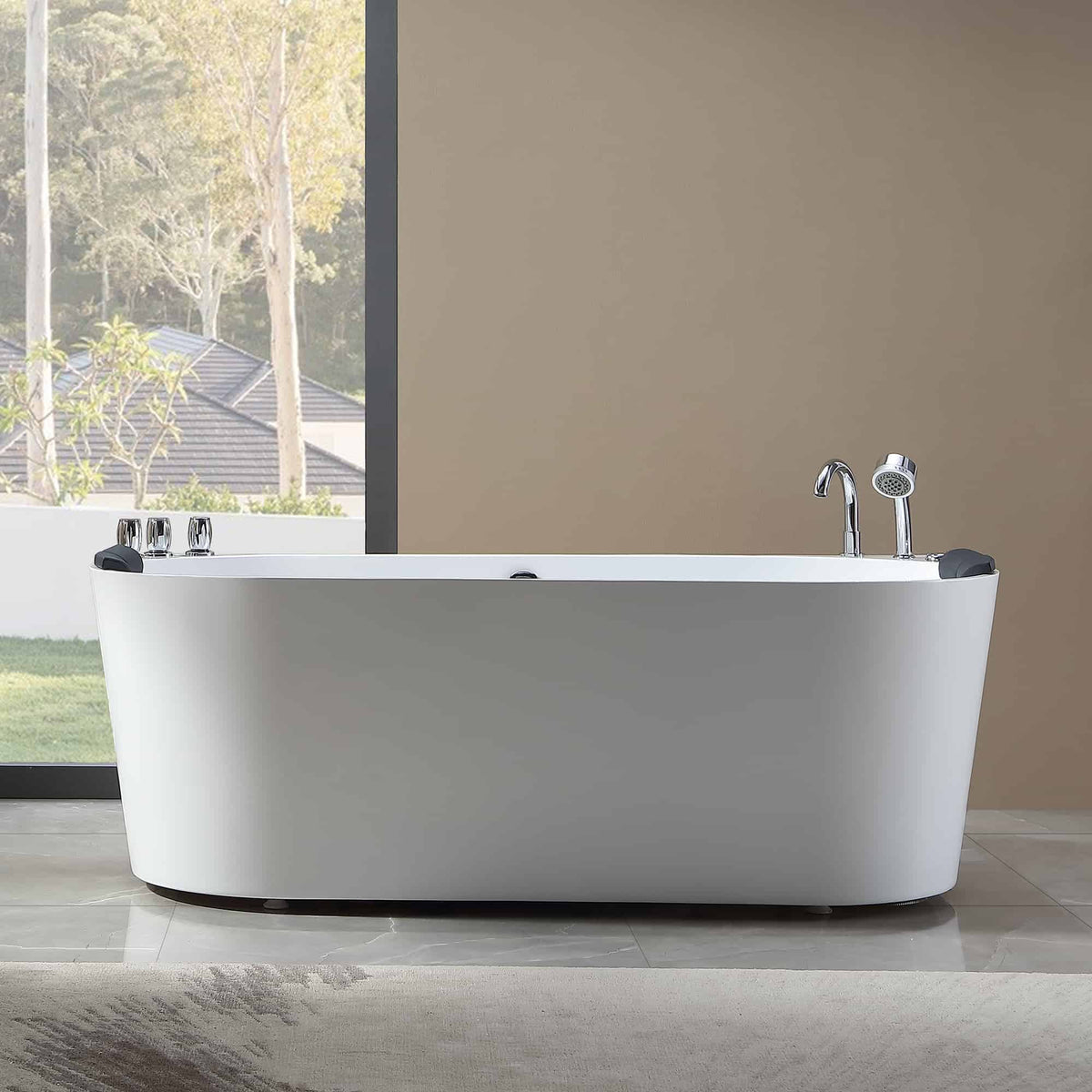 White freestanding acrylic bathtub with chrome faucet and black headrests, light blue water