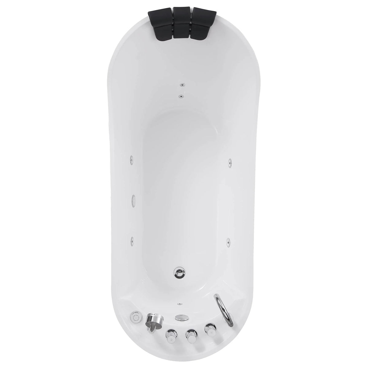 Freestanding acrylic whirlpool bathtub interior with jet nozzles and dark headrest.