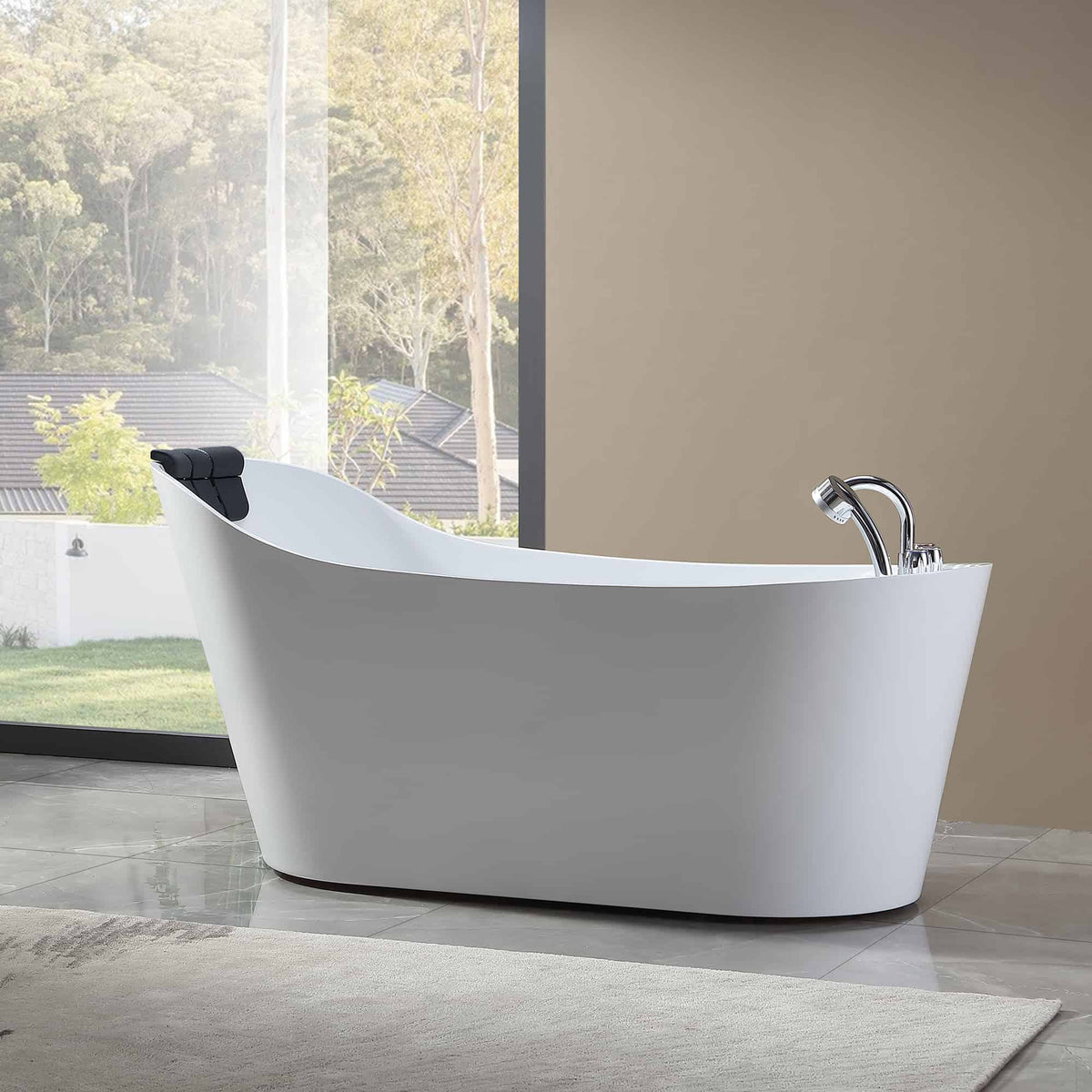 White freestanding acrylic bathtub with chrome faucet and arched tub rim.