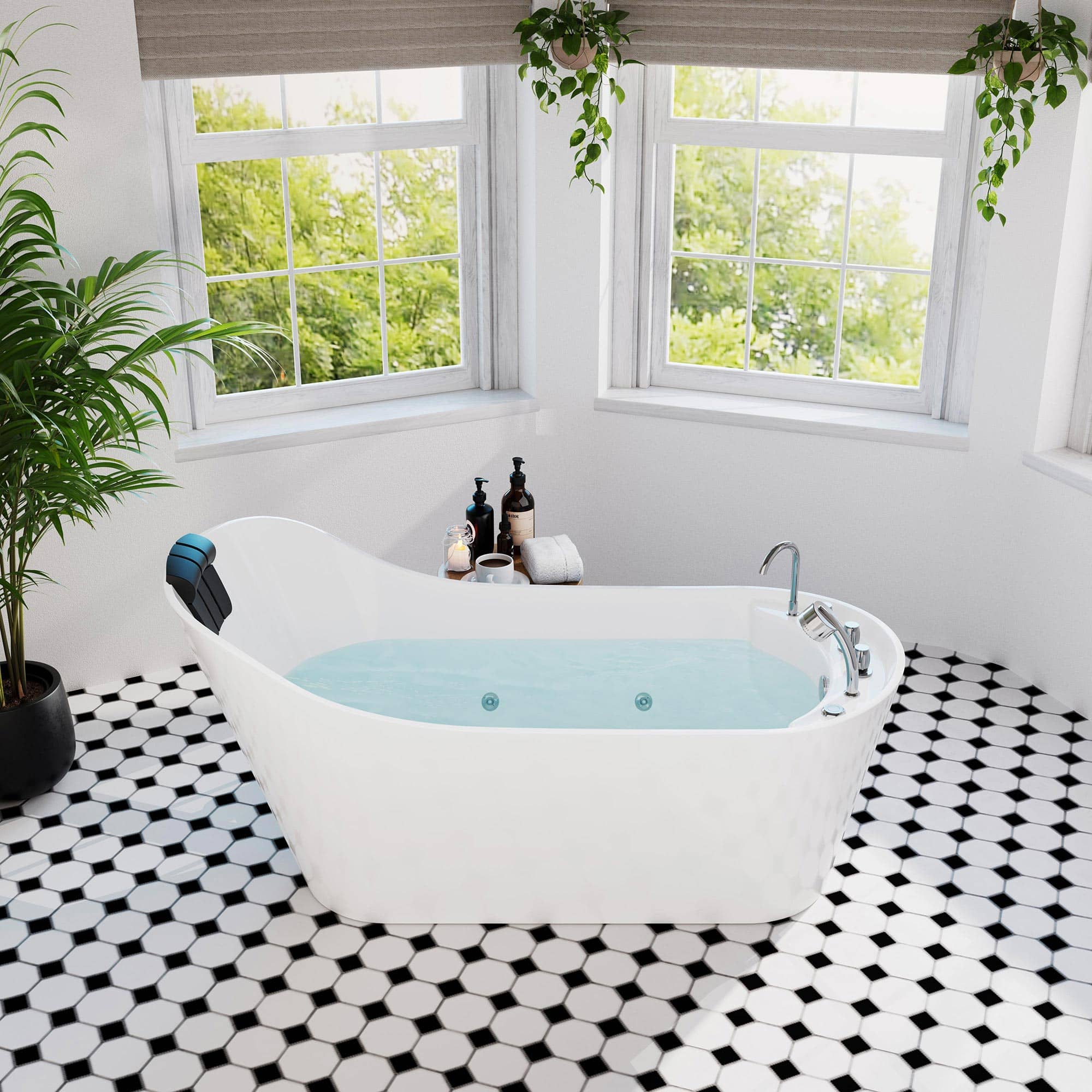 White freestanding acrylic whirlpool bathtub with chrome faucet and light blue water.