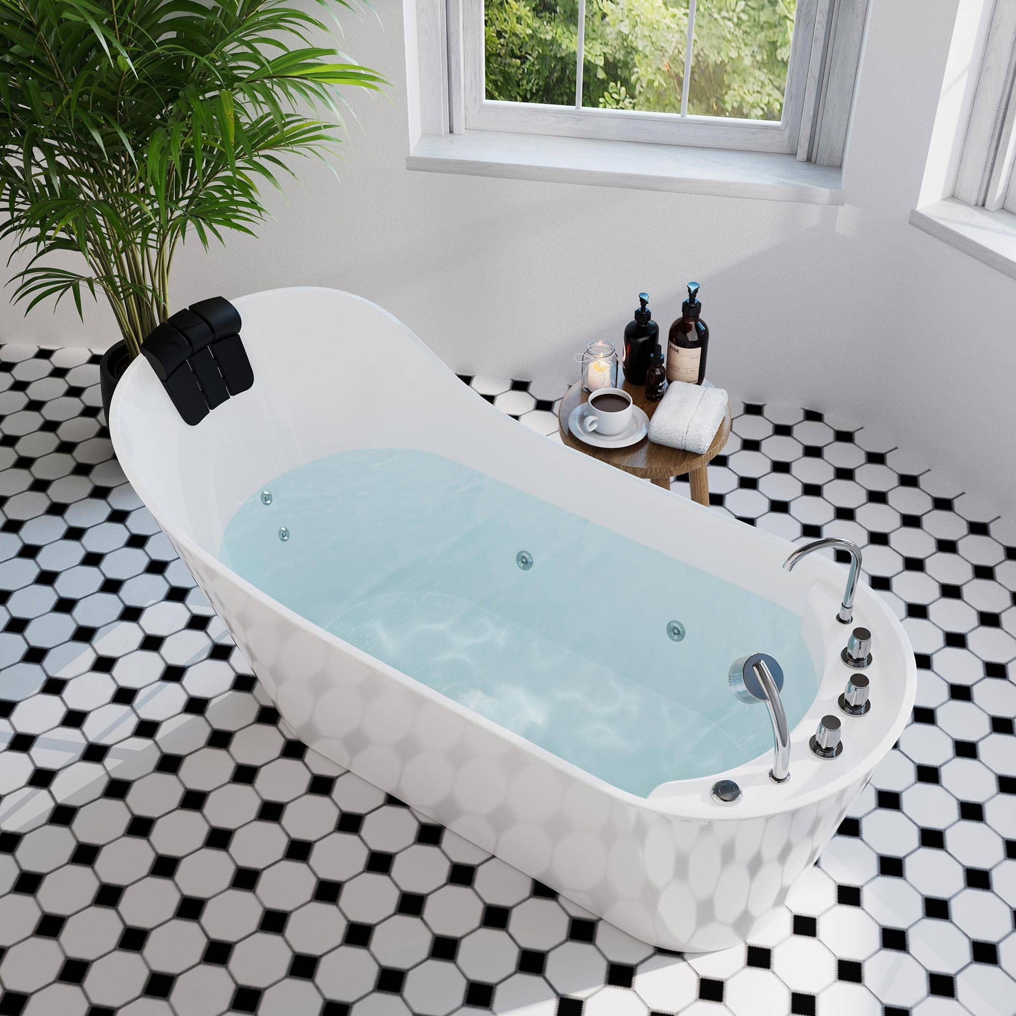 White freestanding acrylic whirlpool bathtub with chrome faucet and molded headrest.