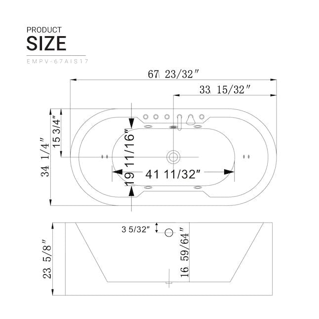 Bathtub dimension diagram with width, depth, and height measurements