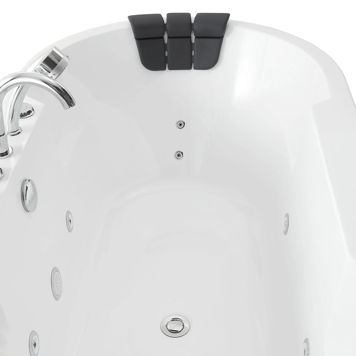 Acrylic whirlpool bathtub top view showing jet outlets and two dark headrests