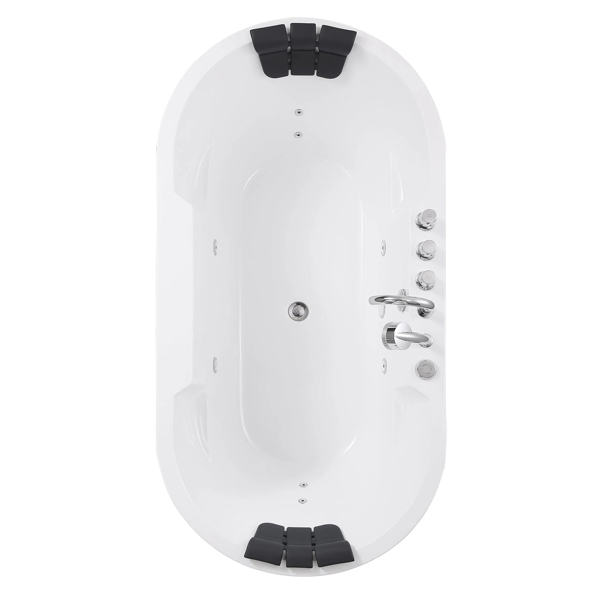 Back view of white oval whirlpool bathtub with jet ports and outlet hardware
