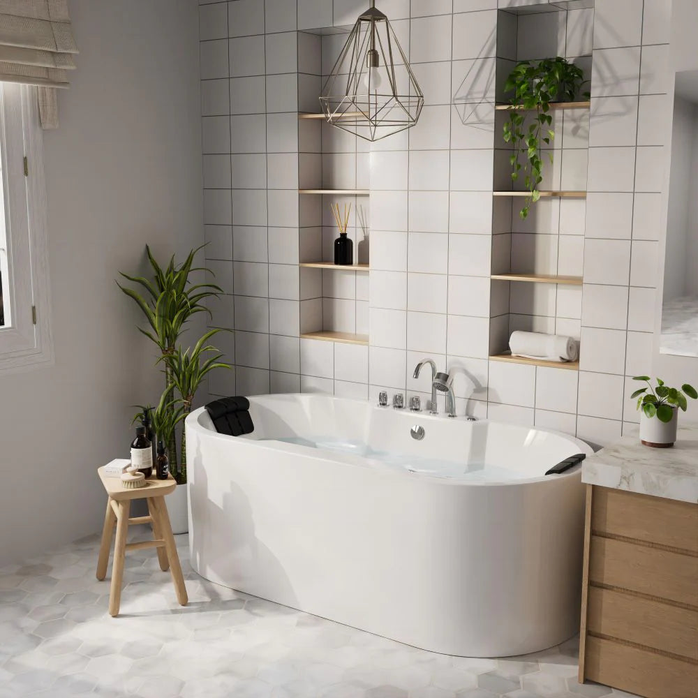 Freestanding oval acrylic whirlpool bathtub with dark headrests and wall-mounted faucet