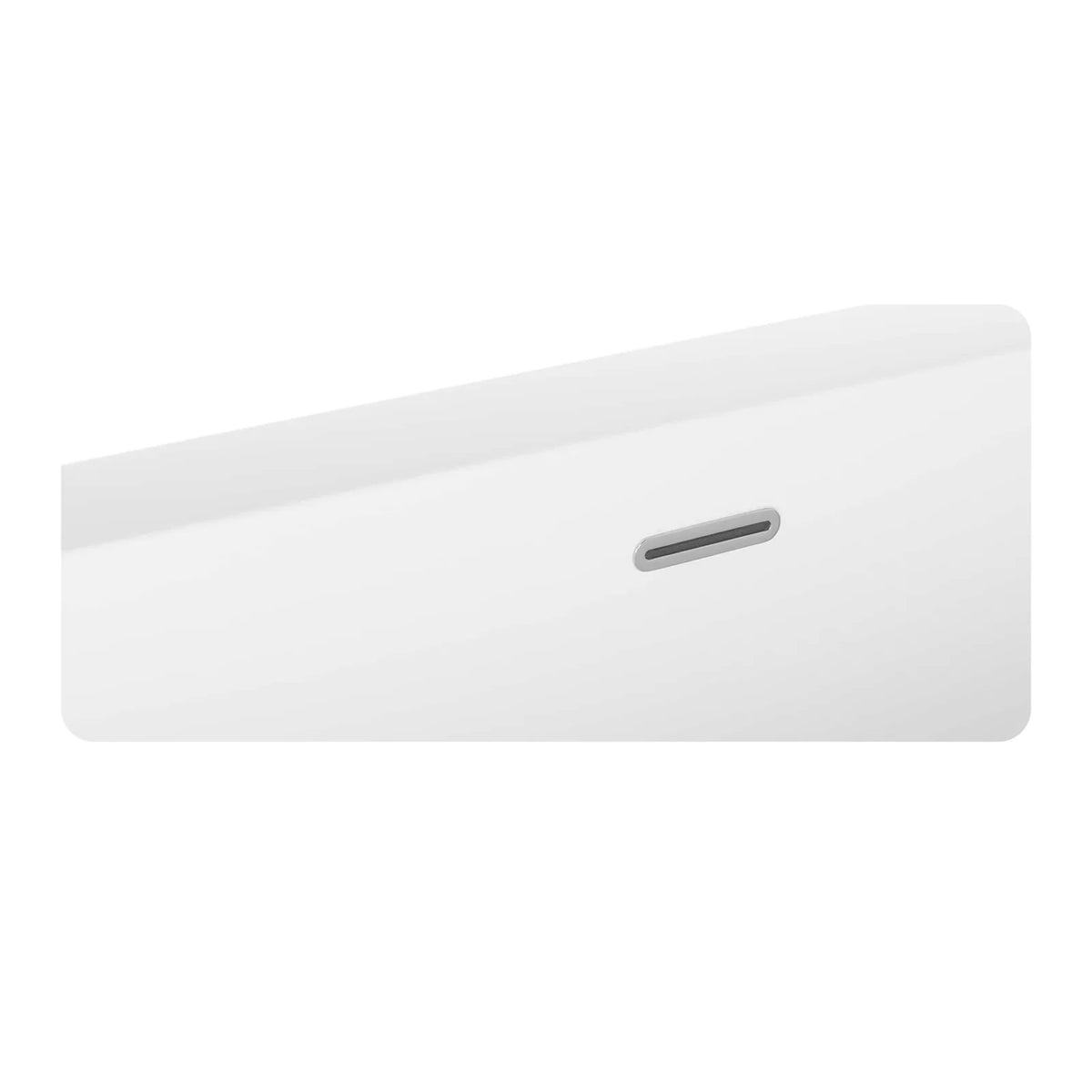 Glossy white soaking tub side with recessed drain slot on the top rim.