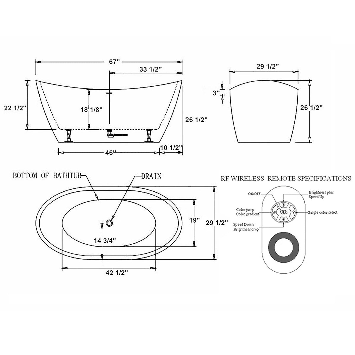 Freestanding soaking bathtub diagram with central drain and RF wireless remote specs