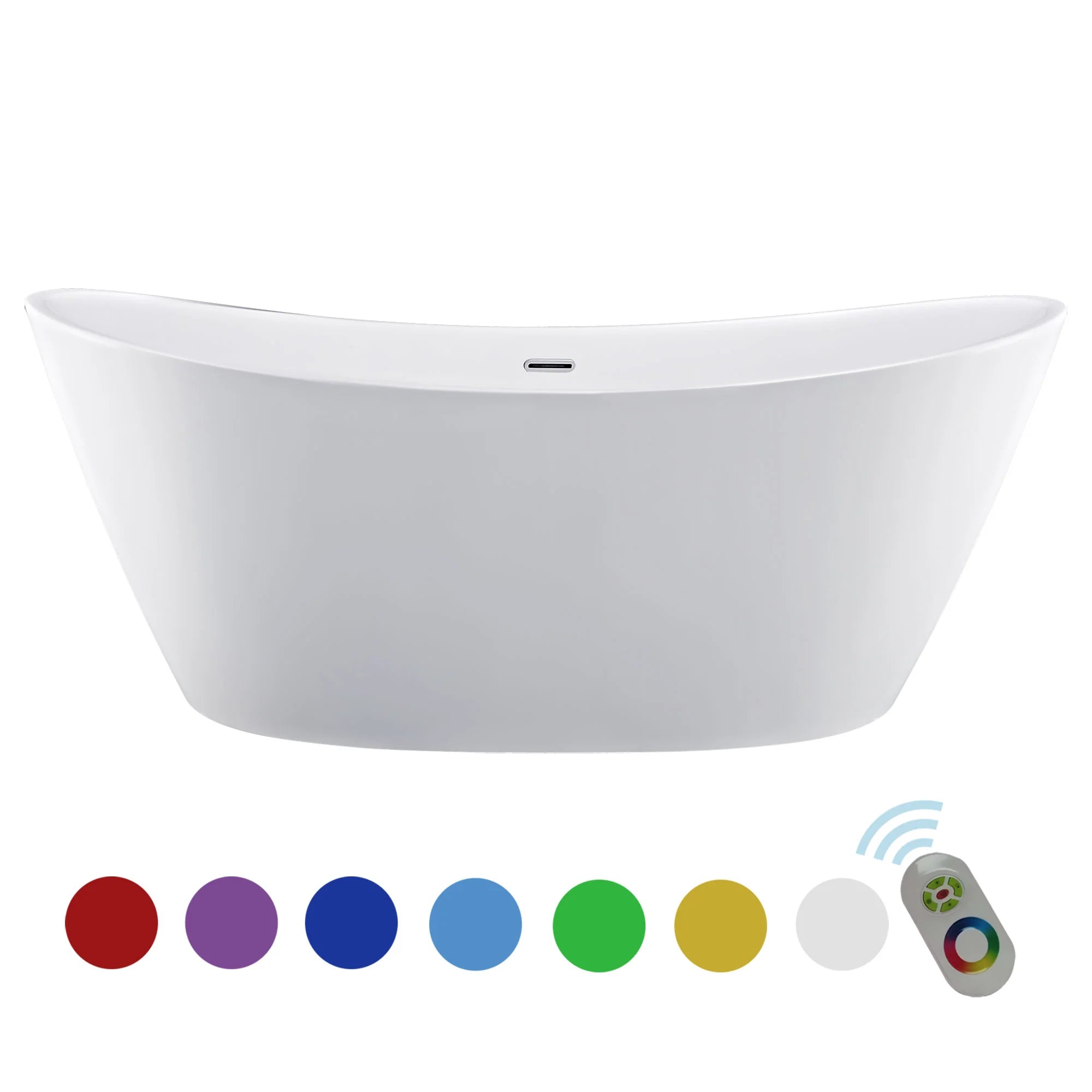 White freestanding soaking bathtub with control panel on rim