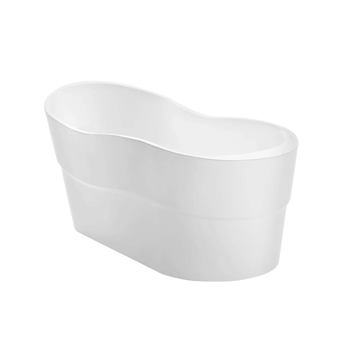Freestanding soaking tub, glossy white, side angle with smooth contoured edges