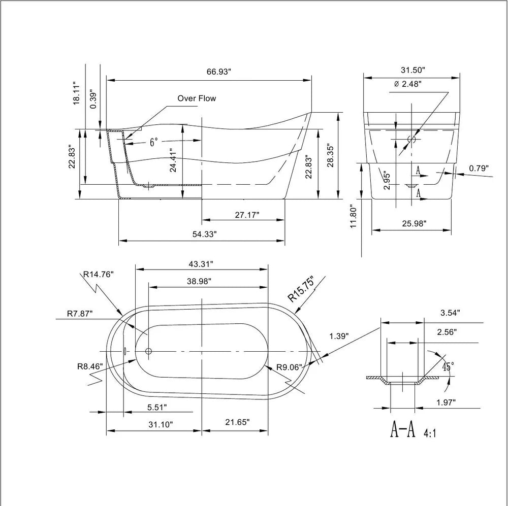 Freestanding soaking tub technical drawing with measurements and side cross-section