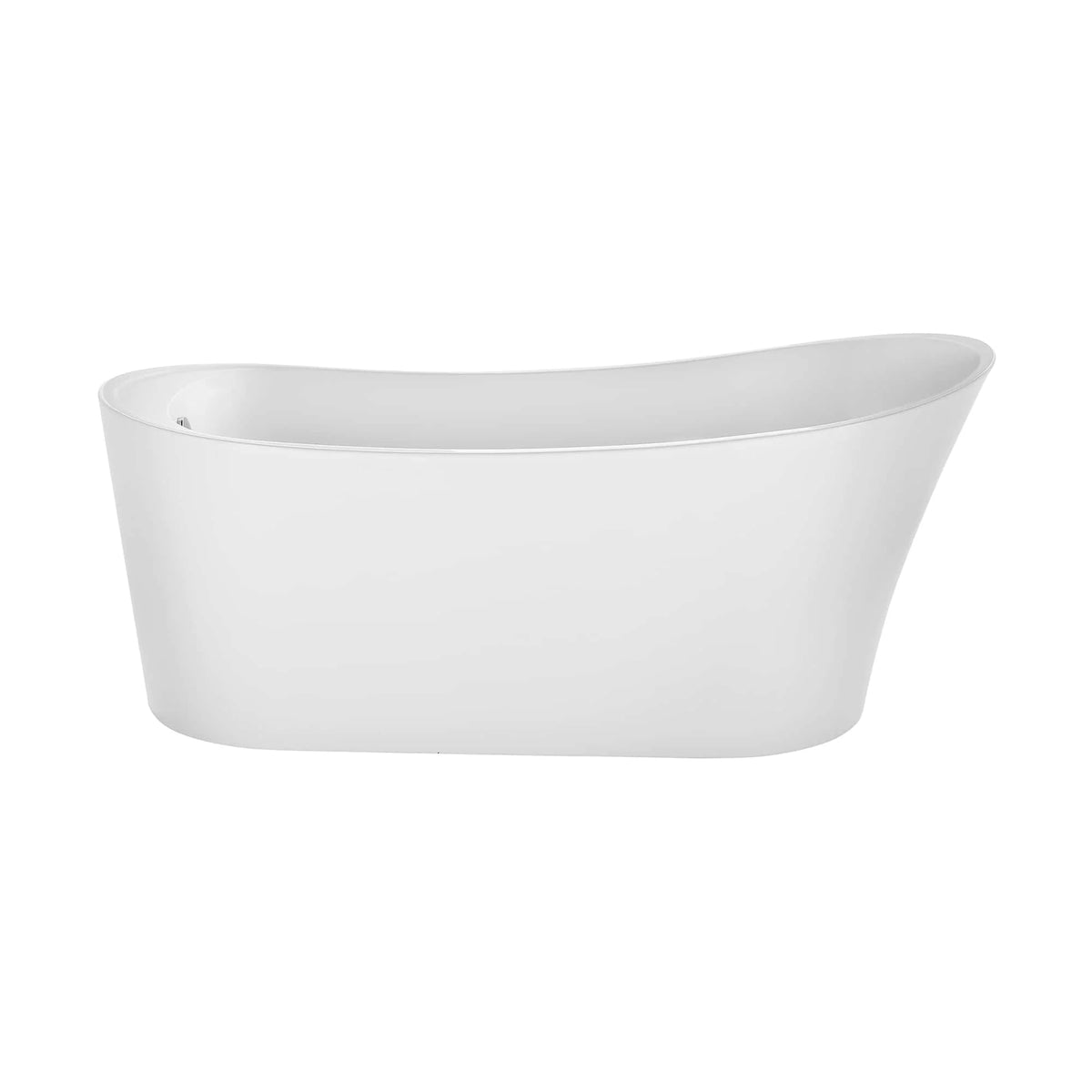 White freestanding soaking tub with curved back, flat bottom, and open top.