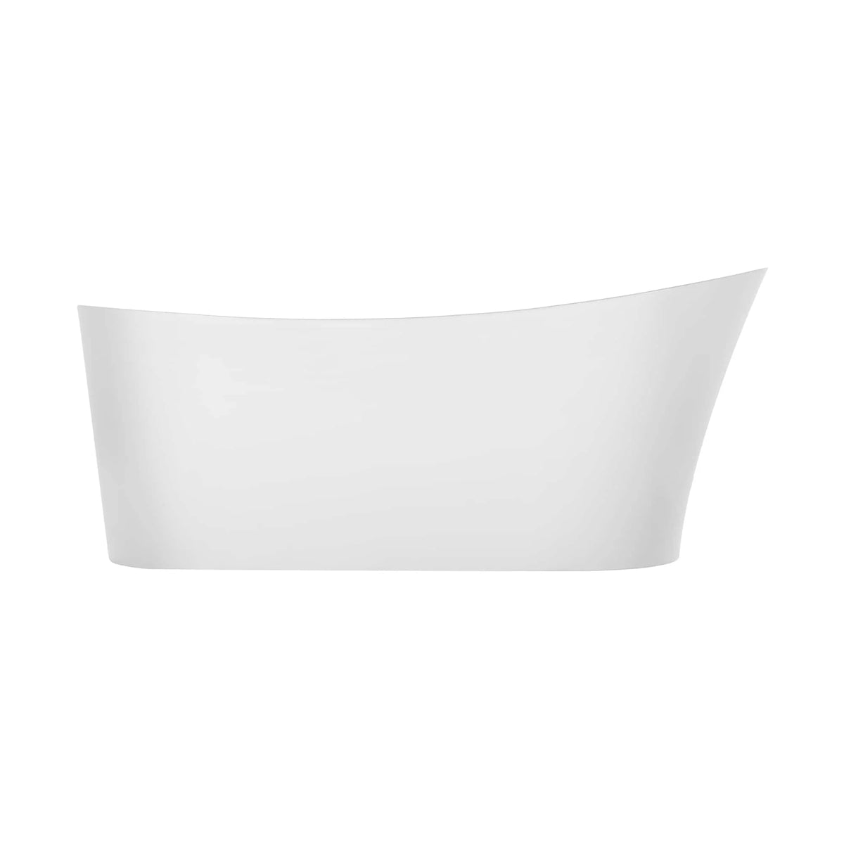 White freestanding soaking tub with smooth curved sides and wide open rim.