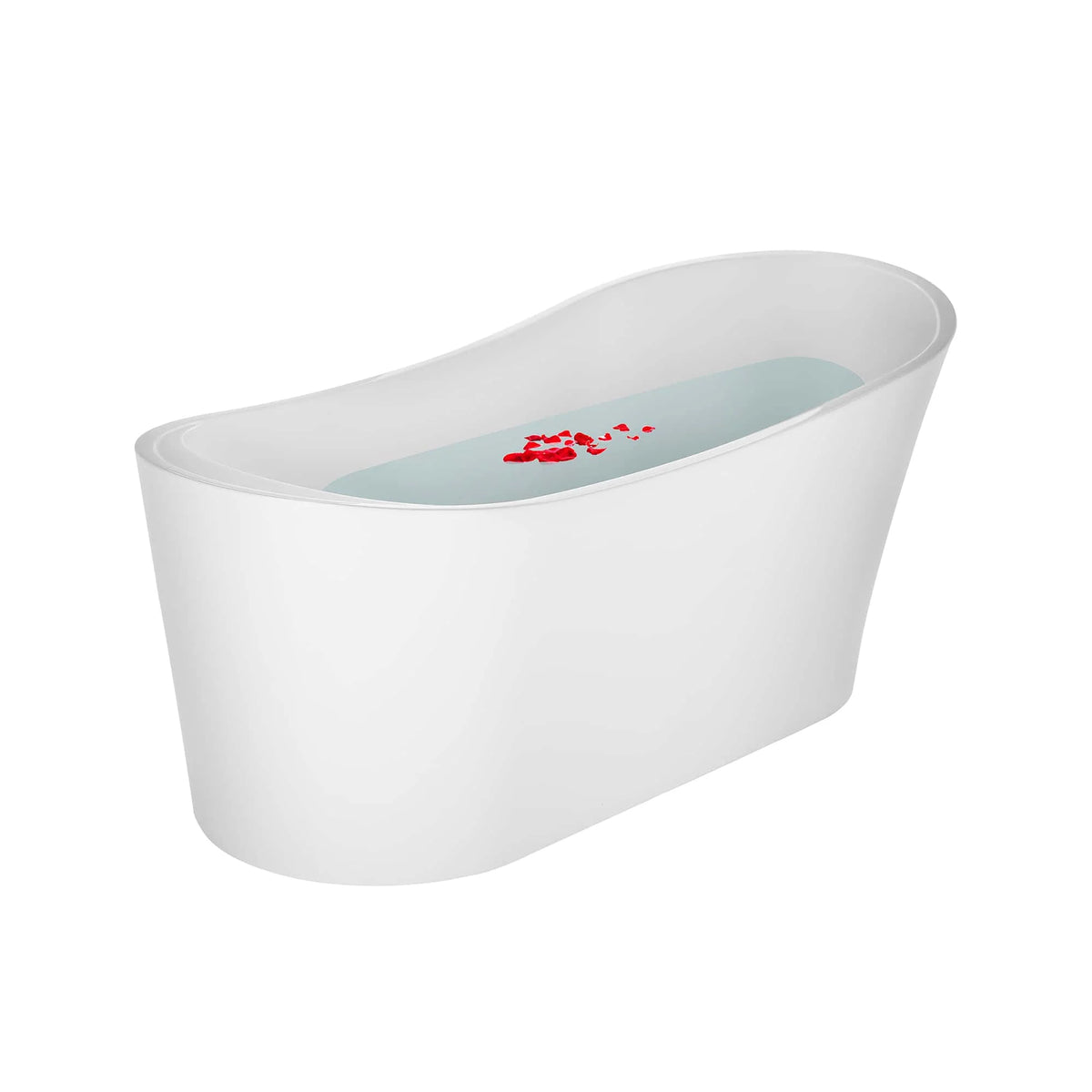 White freestanding soaking tub filled with water, showing the basin shape.