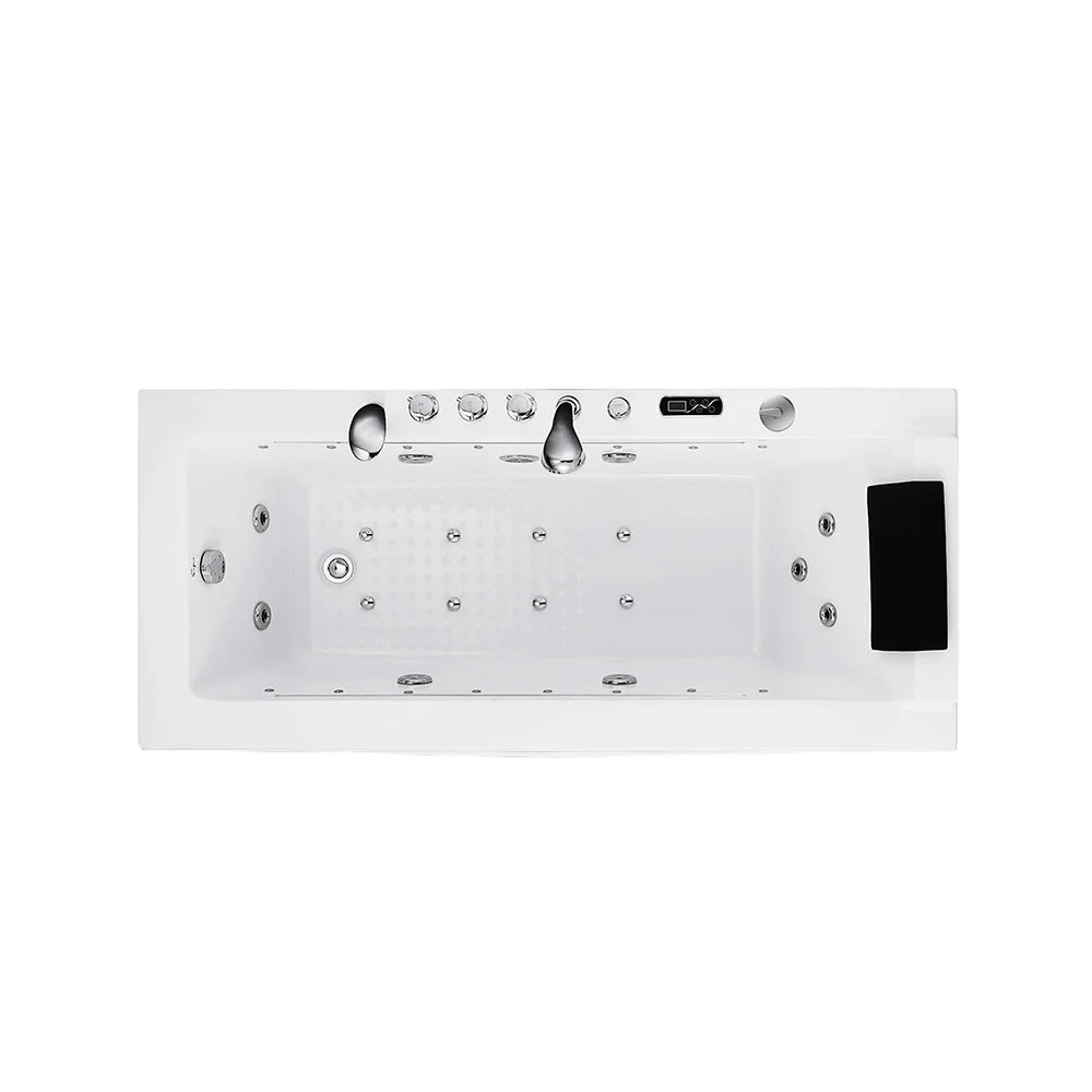 White rectangular whirlpool bathtub base with jet nozzles and side LED panel