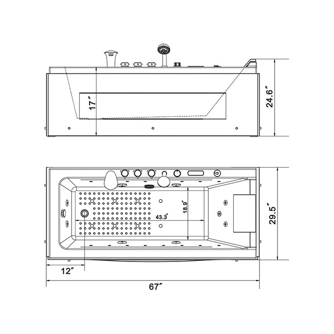 Rectangular whirlpool bathtub diagram with dimensions 67 in by 24.6 in