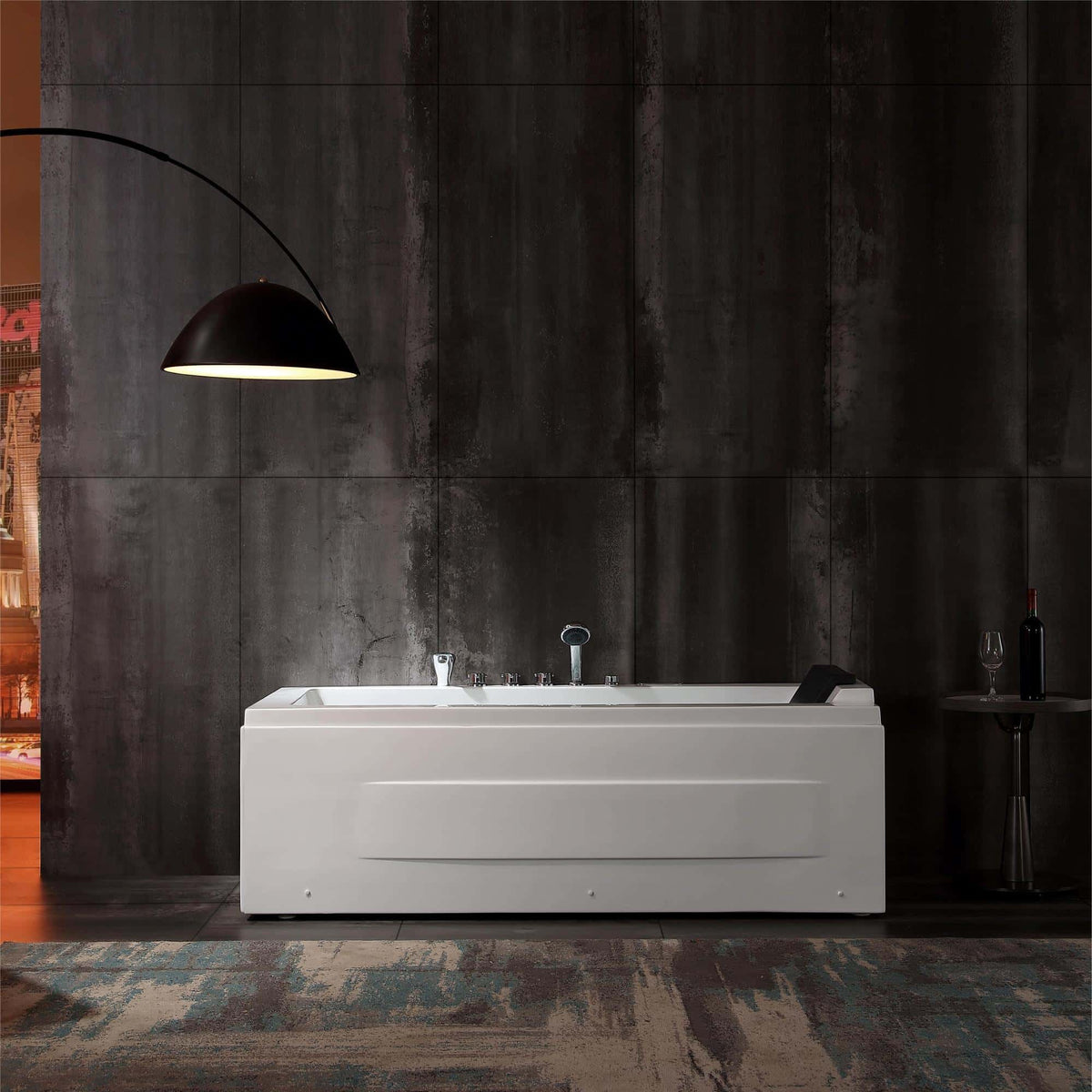 White rectangular whirlpool bathtub with chrome faucet and LED-lit interior jets