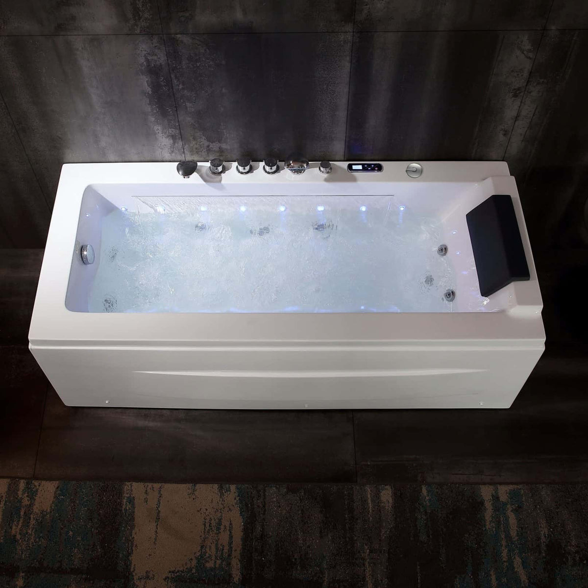 White rectangular whirlpool bathtub with LED-lit jets and built-in control panel