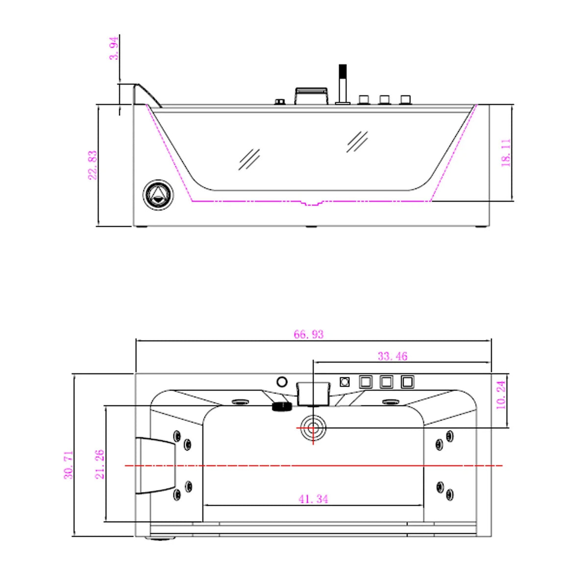 Rectangular whirlpool bathtub dimension diagram with labeled front and side measurements