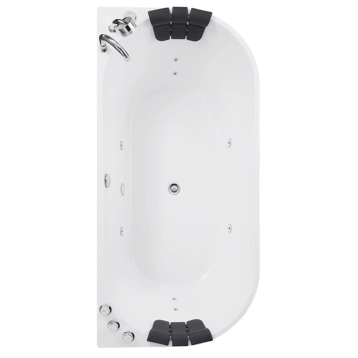 White acrylic whirlpool bathtub with built-in jets, chrome drain, and dark headrests
