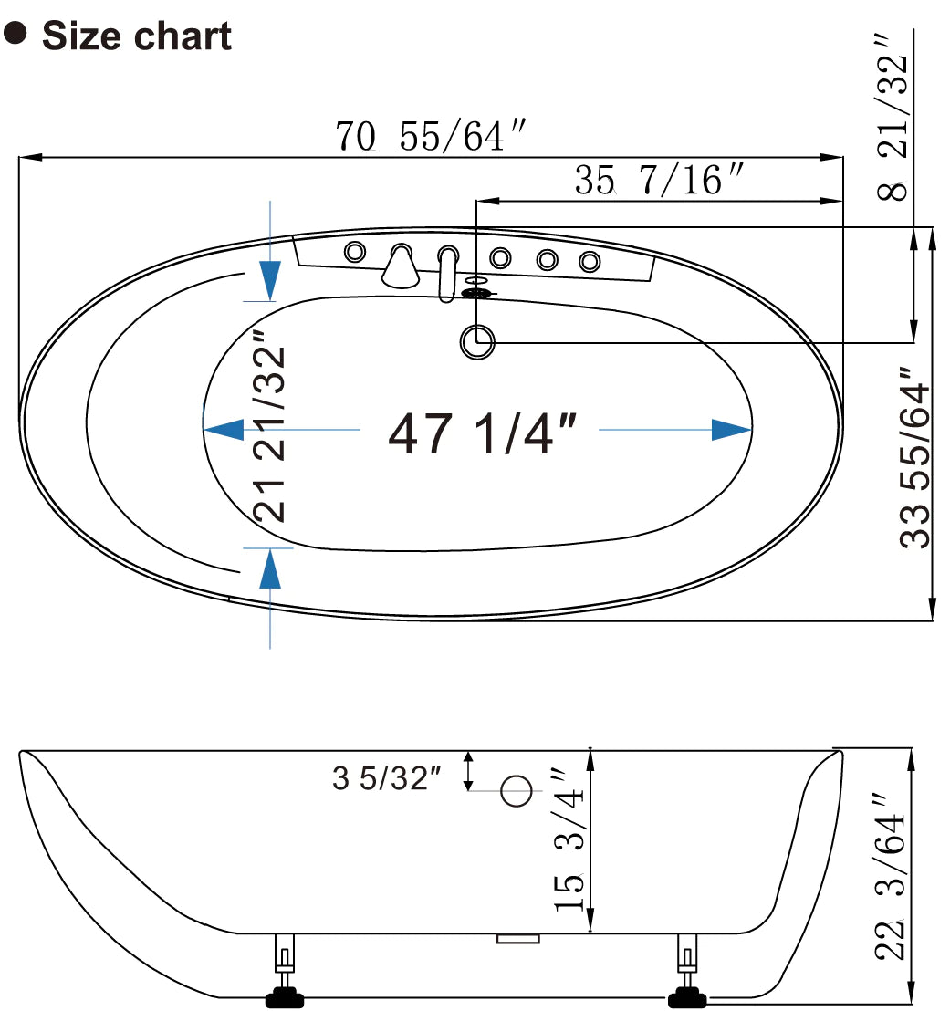 Technical size chart showing 71-inch oval freestanding bathtub dimensions