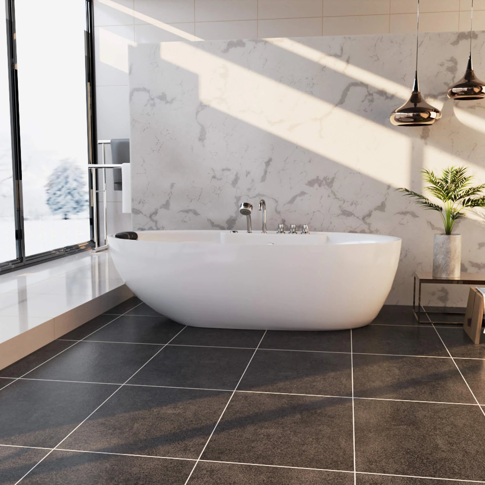 White freestanding acrylic whirlpool bathtub with built-in chrome faucet and jets