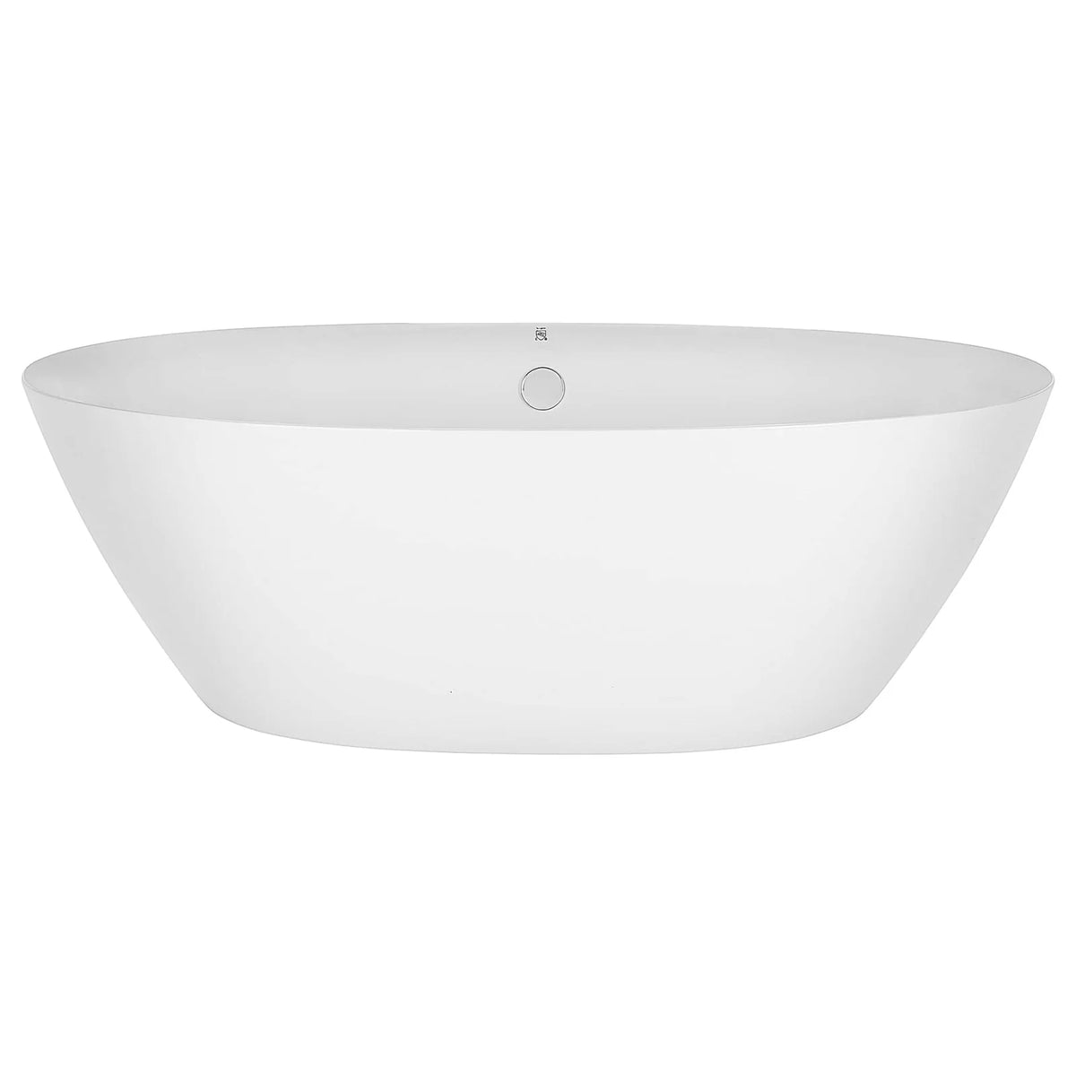 White oval freestanding soaking tub with drain hole on top rim