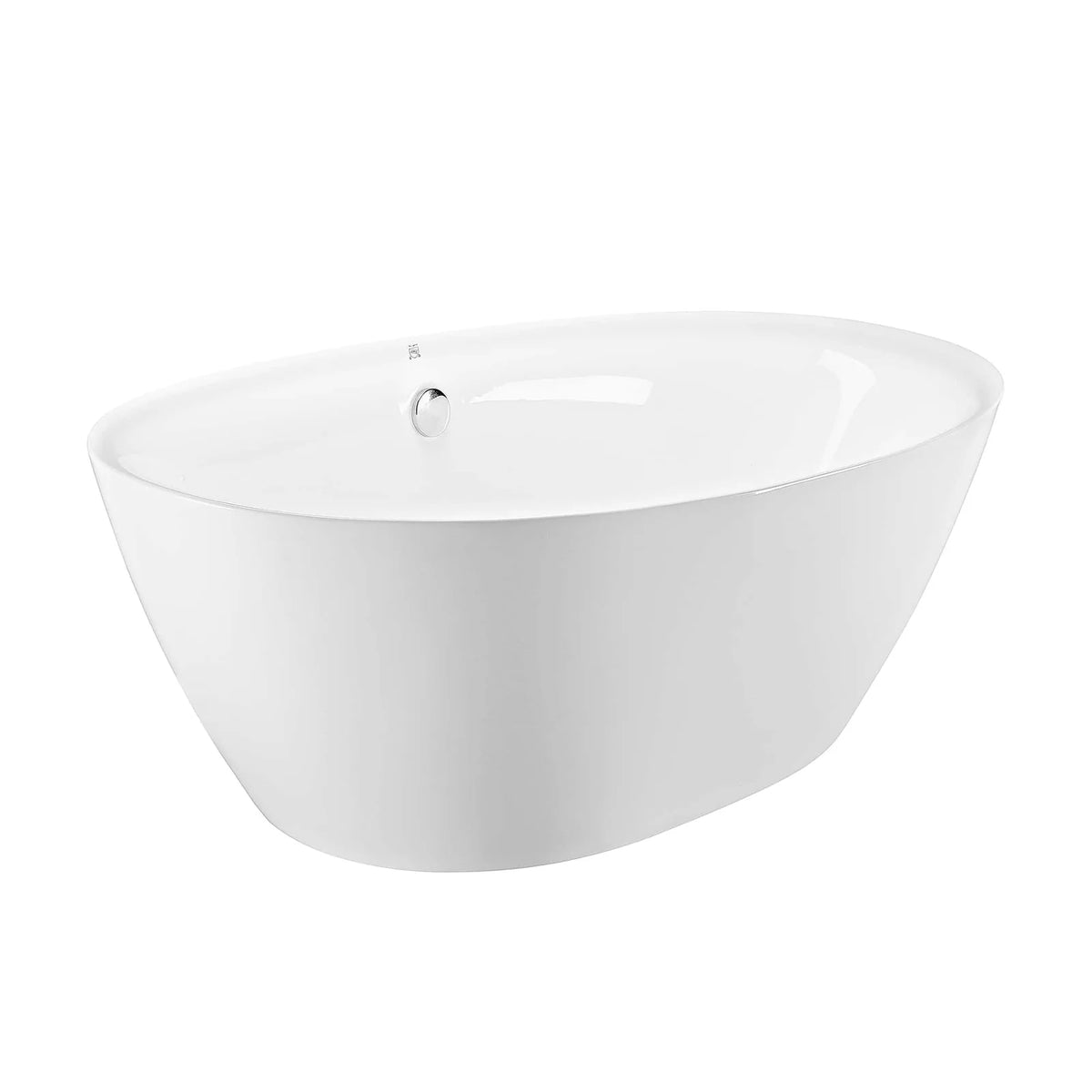 White freestanding soaking tub with centered drain hole and smooth basin