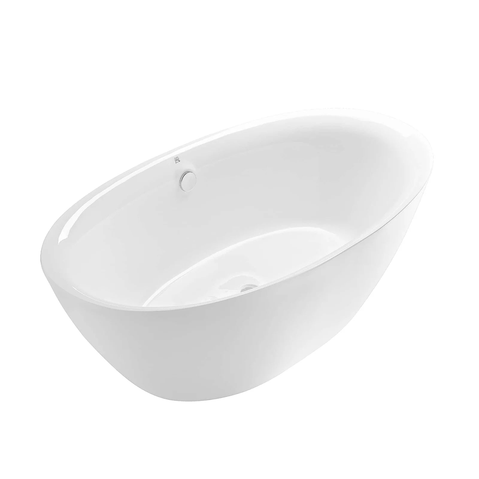 White oval freestanding soaking tub with recessed interior and top drain opening