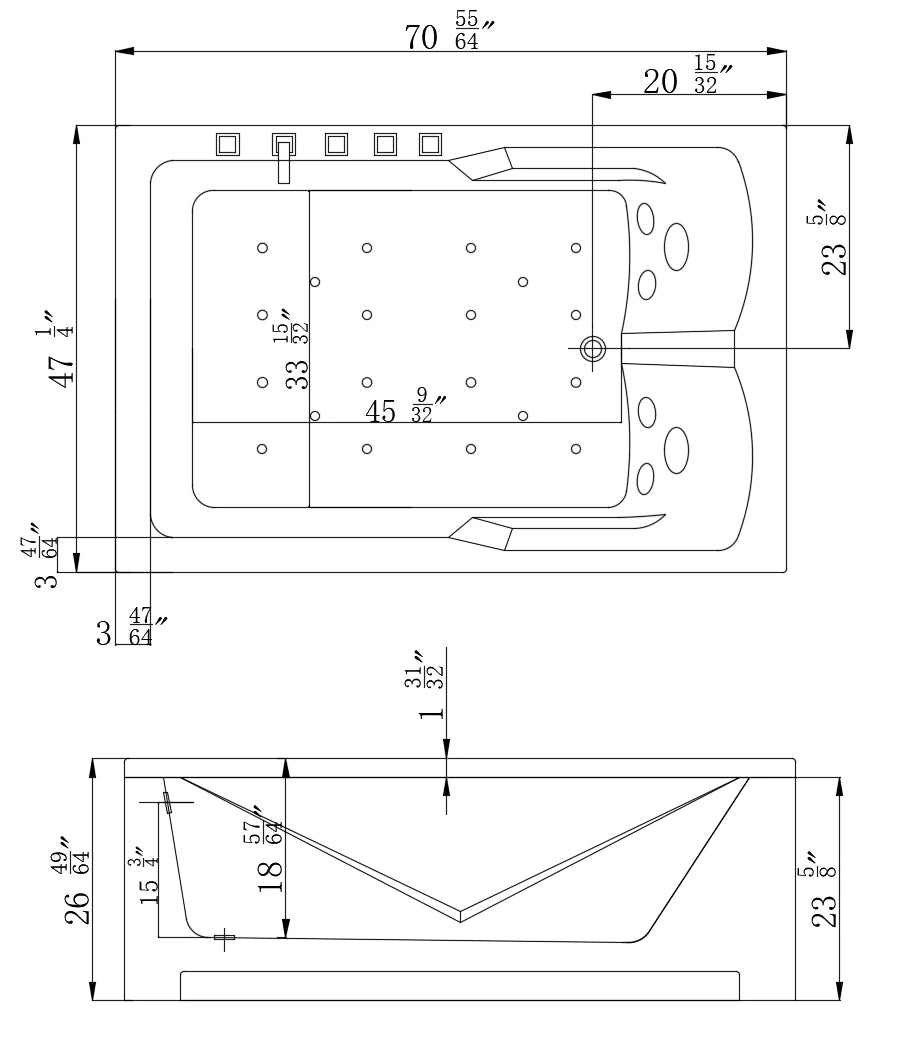 Technical dimension diagram for a white 71-inch alcove whirlpool bathtub