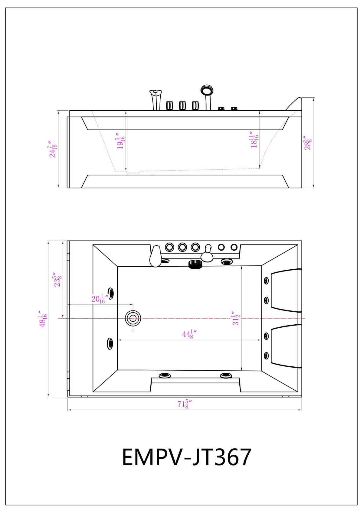 Bathtub layout diagram for EMPV-JT367 showing dimensions and jet locations