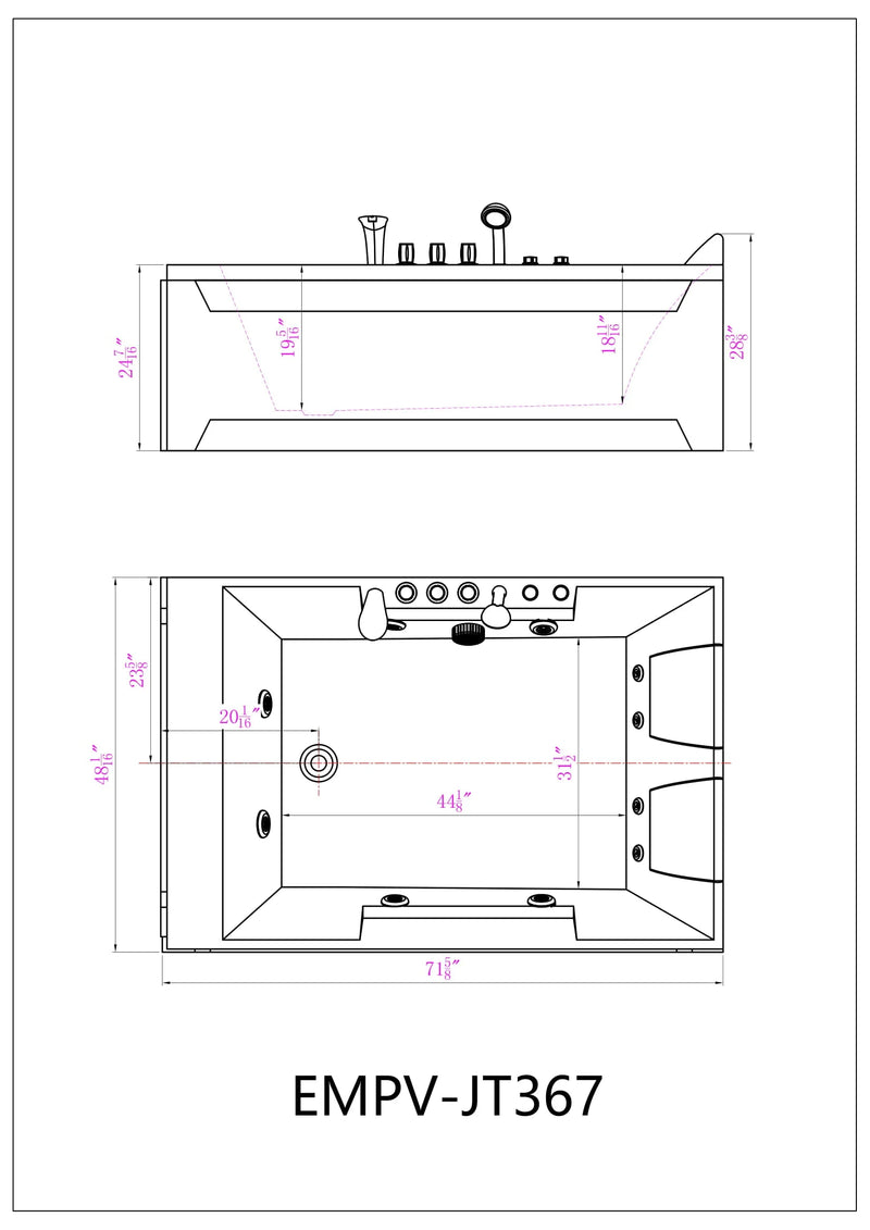 Empava 72-Inch Whirlpool Rectangular Bathtub (EMPV-72JT367LED)