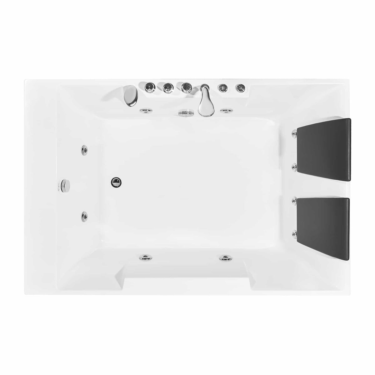 Rectangular whirlpool bathtub interior with chrome jet controls and two black side panels